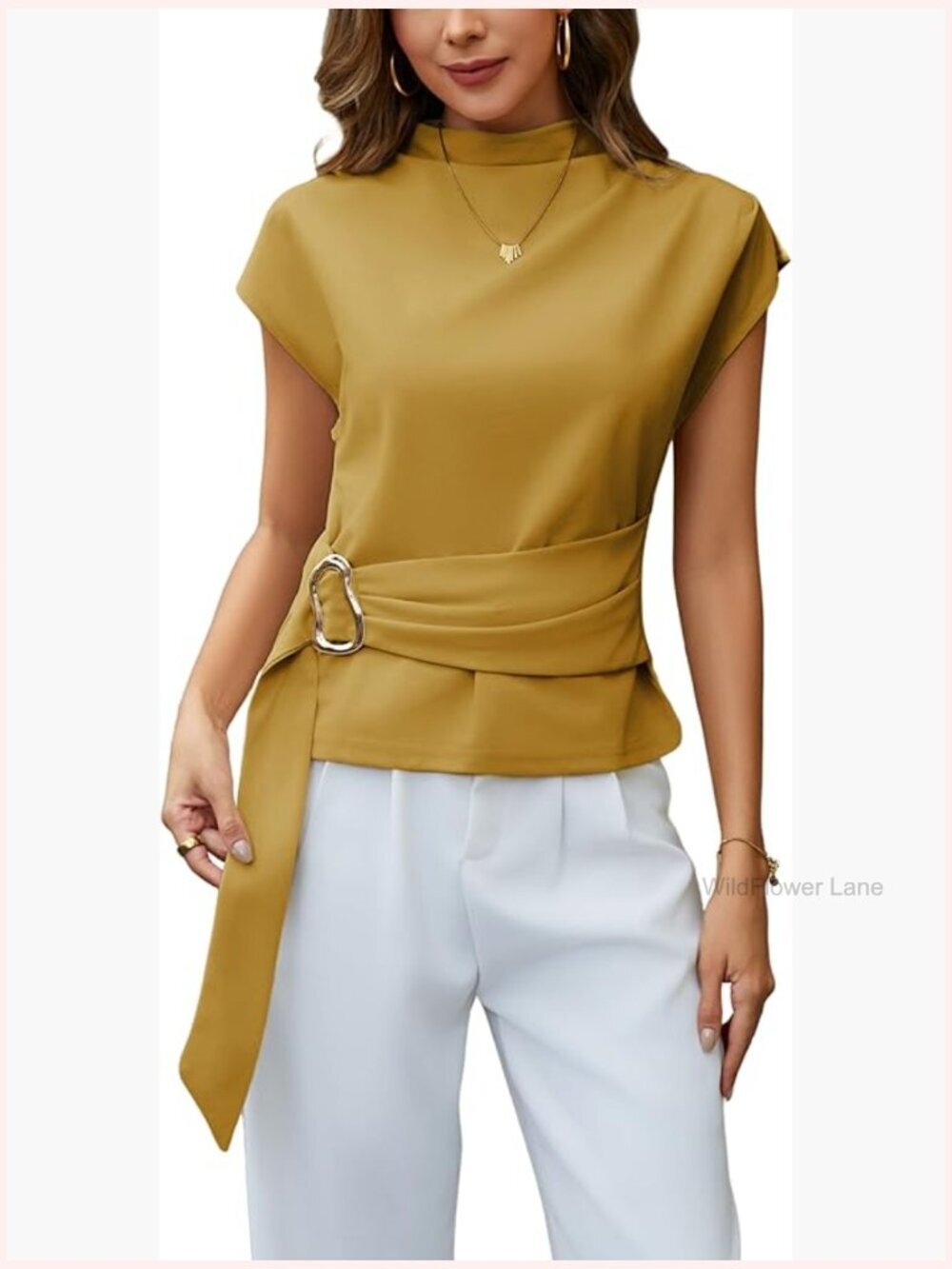 Stand Collar Buckle Tie Short Sleeve Blouse Business Casual Party Top